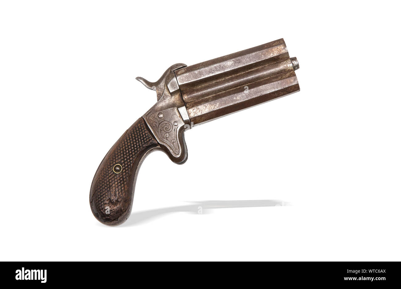 Europäische double Barrel schwenken Pistole, cal. 30. 2-1/4", Schwenken barrel pinfire Revolver. Stockfoto