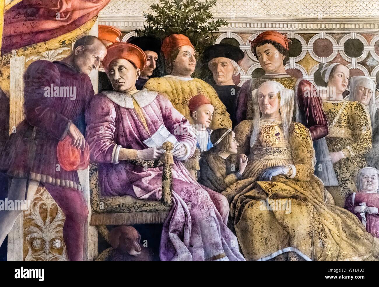 Markgrafen Ludovico Gonzaga mit seiner Frau Barbara von Brandenburg ihre Kinder und Mitarbeiter des Gerichts, Fresko von Andrea Mantegna, 1465-1474, Renaissance Stockfoto
