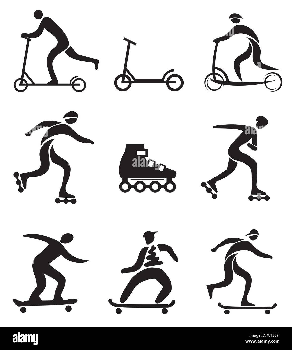 Roller in Linie skateboard schwarze Symbole. Satz von Schwarz stilisierte Symbole. Vector zur Verfügung. Stock Vektor