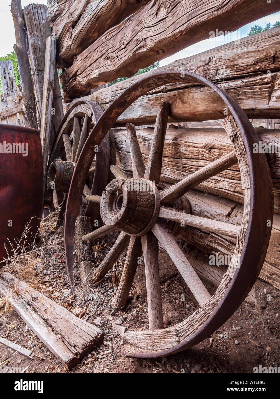 Wagenräder, John jarvie Historisches Anwesen, Braun Park, Utah. Stockfoto