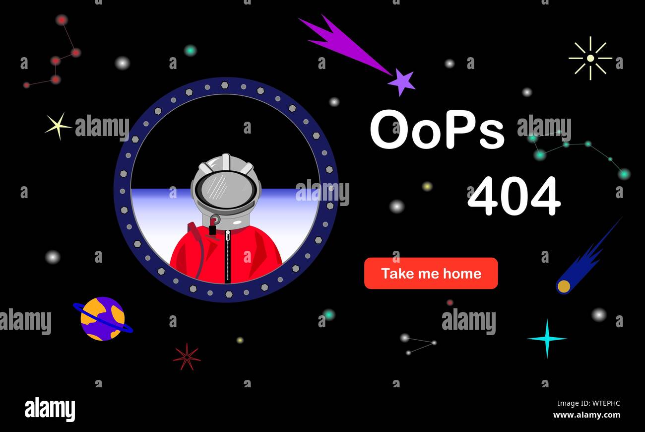 Fehler 404. Seite nicht gefunden. Abbildung: Ein Astronaut im freien Raum. Raum Hintergrund. Vectorana Abbildung. Stock Vektor