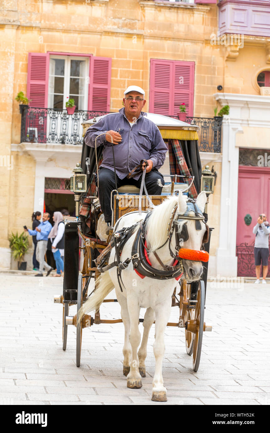 Die alte Hauptstadt der Malte, Mdina, auf einer Hochebene im Zentrum der Insel, engen Gassen, typisch Pferdekutsche, für Ausflüge in die Altstadt Stockfoto