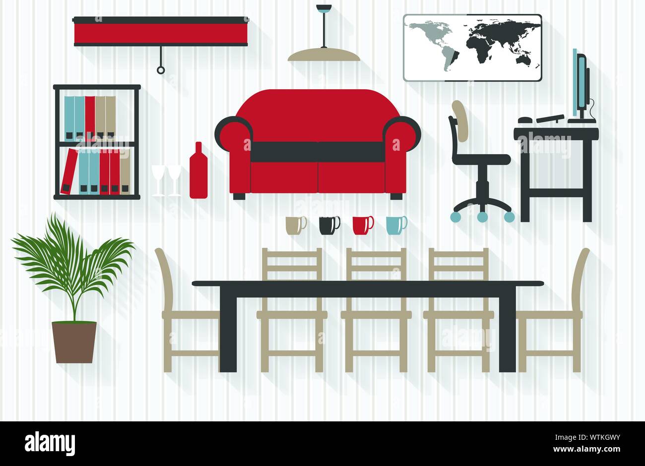 Flache Business Boardroom Möbel Symbole mit Computern - Alle lange Schatten auf einem Layer - Enthält Mischungen Stock Vektor