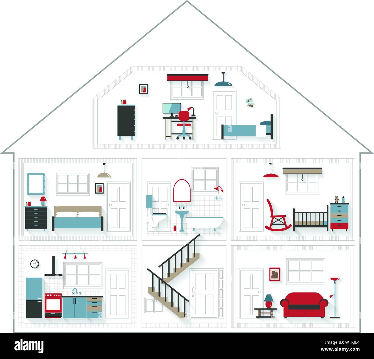 Skizze Cutaway Wohnhaus mit Möbeln in Farbe - die Zimmer sehr detaillierte gehören Möbel - gruppiert und EPS 10 2-in-1-Mischungen enthält Stock Vektor