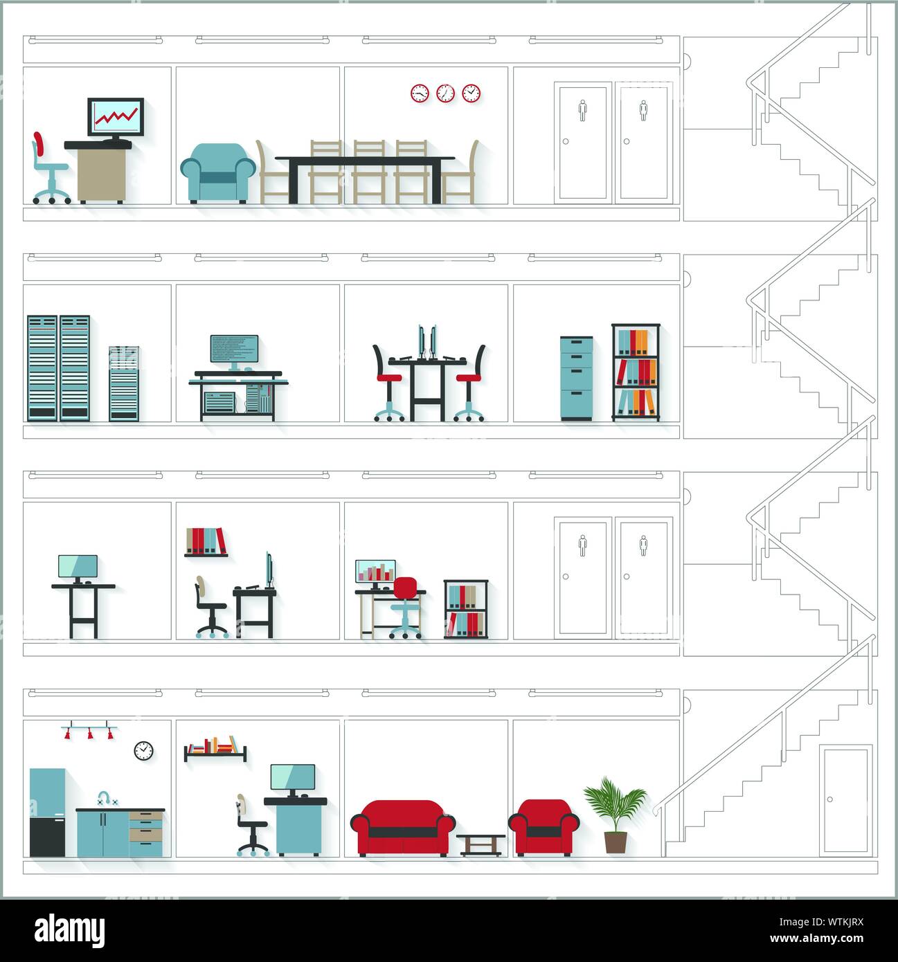 Skizze Stil Cutaway Bürogebäude mit Innenarchitektur Planung - Detaillierte gruppiert und geschichteten EPS 10. Stock Vektor