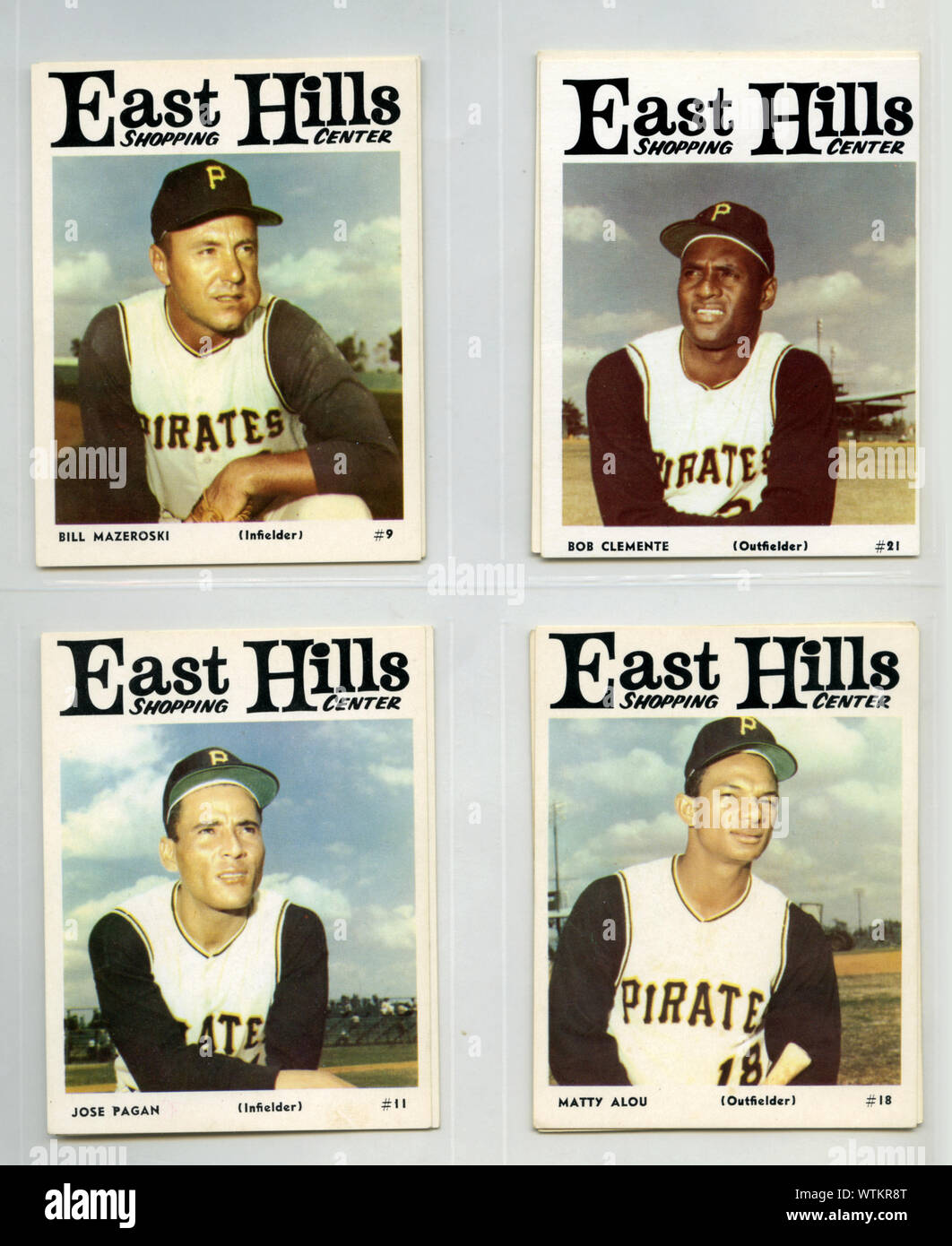 Sammlung von regionalen Baseball Karten der 60er Jahre ära Pittsburgh Pirates Mannschaft einschließlich Hall of Fame Spieler Roberto Clemente und Bill Mazeroski. Stockfoto