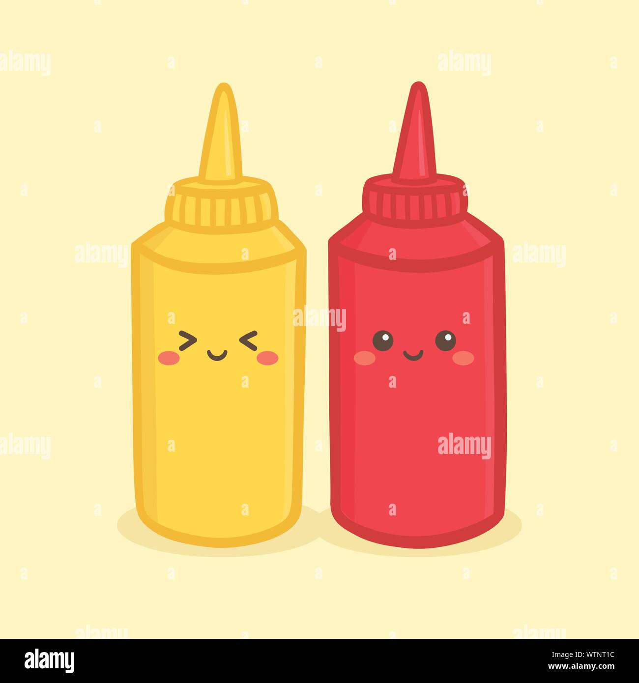 Cute gelber Senf und Roten Tomaten Ketchup Kunststoffflasche Zeichentrickfigur Lächeln Stock Vektor