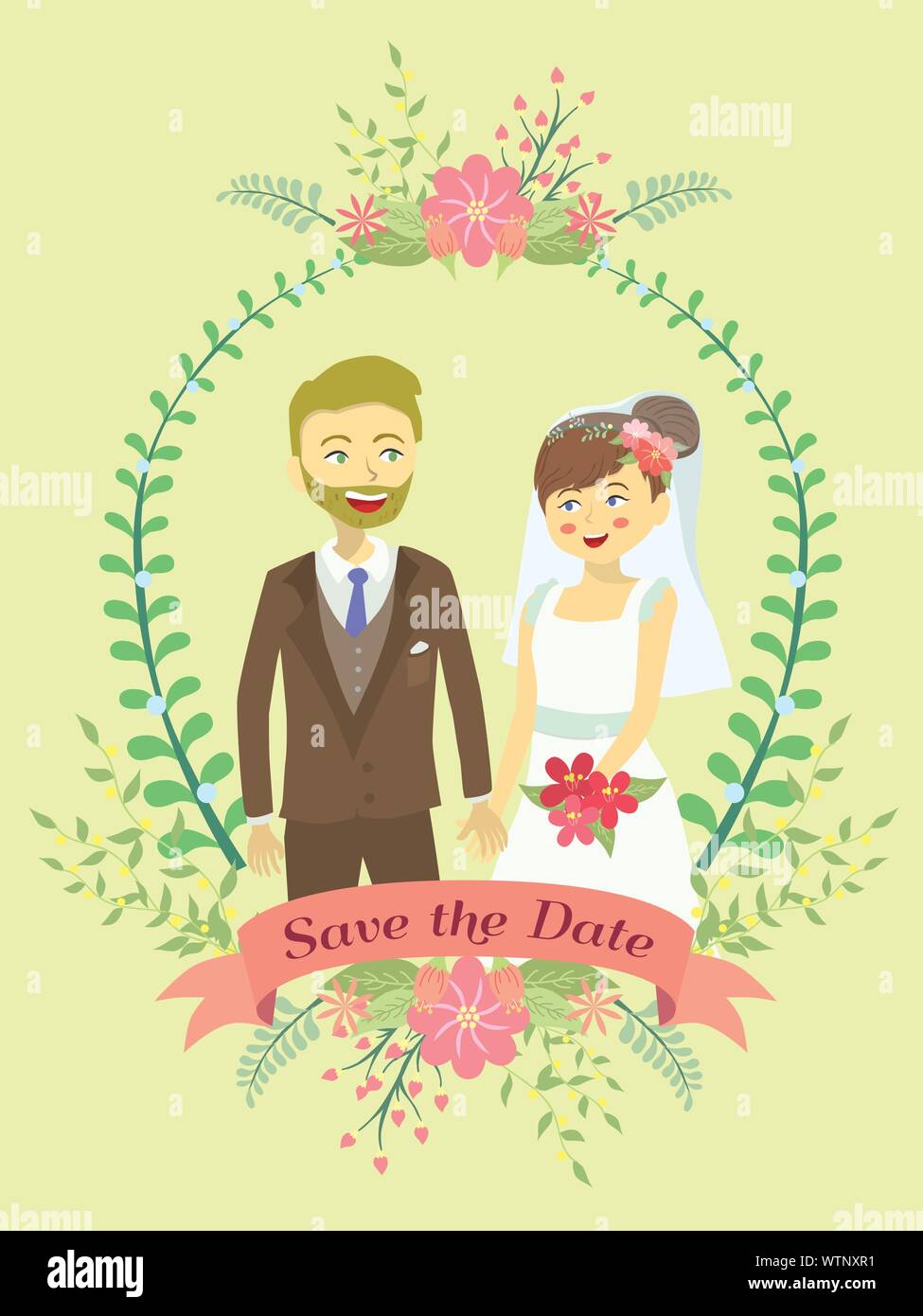 Hochzeit Einladung mit Braut und Bräutigam halten ihre Hand auf Blume Thema und gelben Hintergrund. Stock Vektor