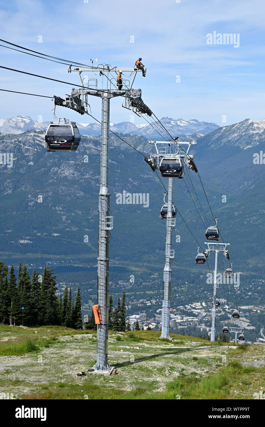 Zwei Männer arbeiten am Skilift Türme, Whistler, B.C Canada. Stockfoto