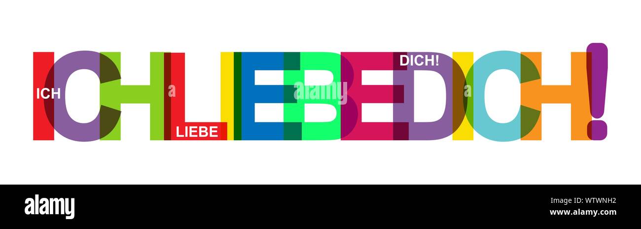 Ich LIEBE DICH! Bunte Banner der farbigen Buchstaben. Flache Bauform. Sprache Deutsch Stock Vektor