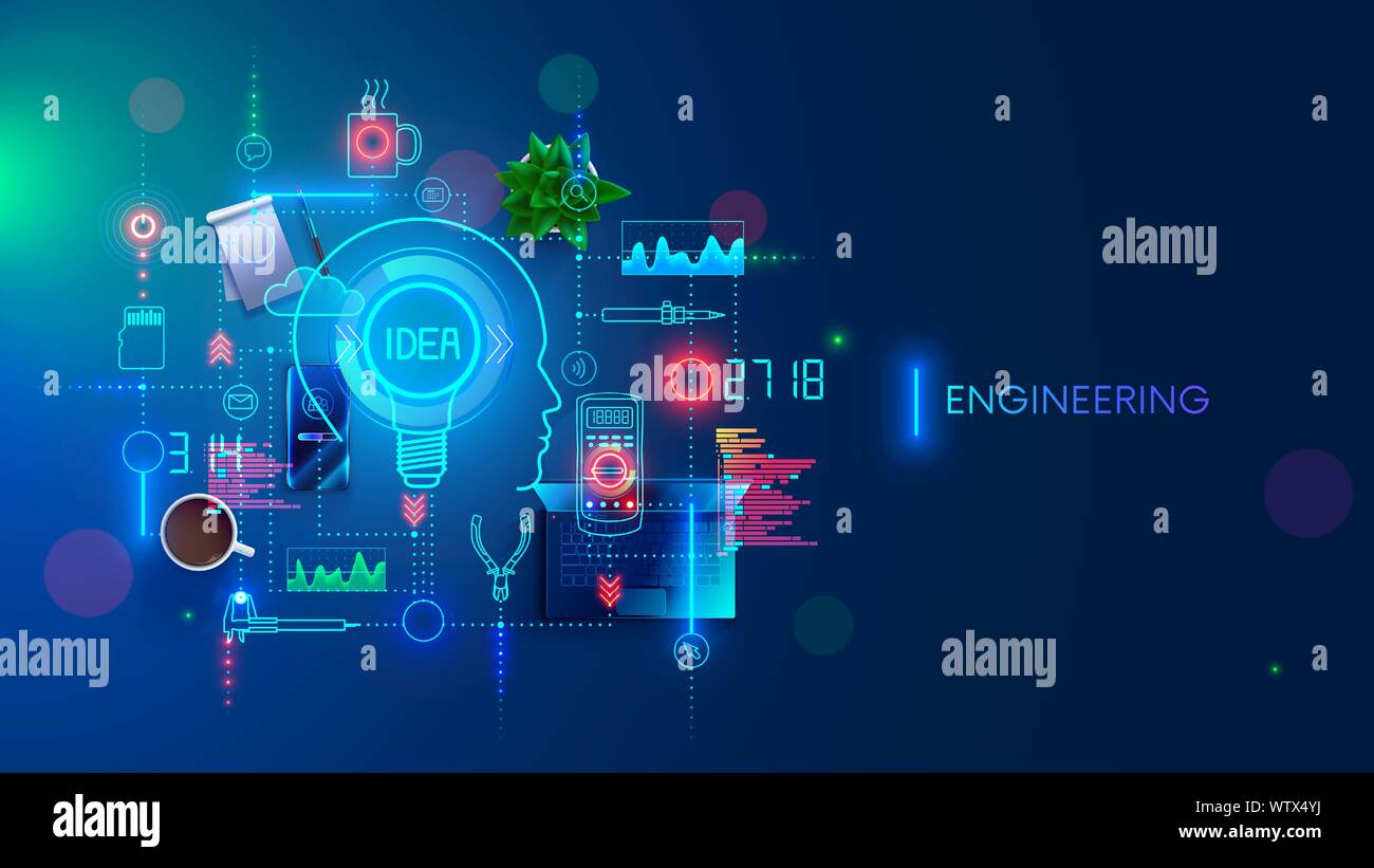 Engineering Idee Konzept. Elektronische Geräte Entwicklung. Technologie Erstellung und Gestaltung der industriellen Probe. Ingenieur erfindet, ersinnt Techniker Stock Vektor