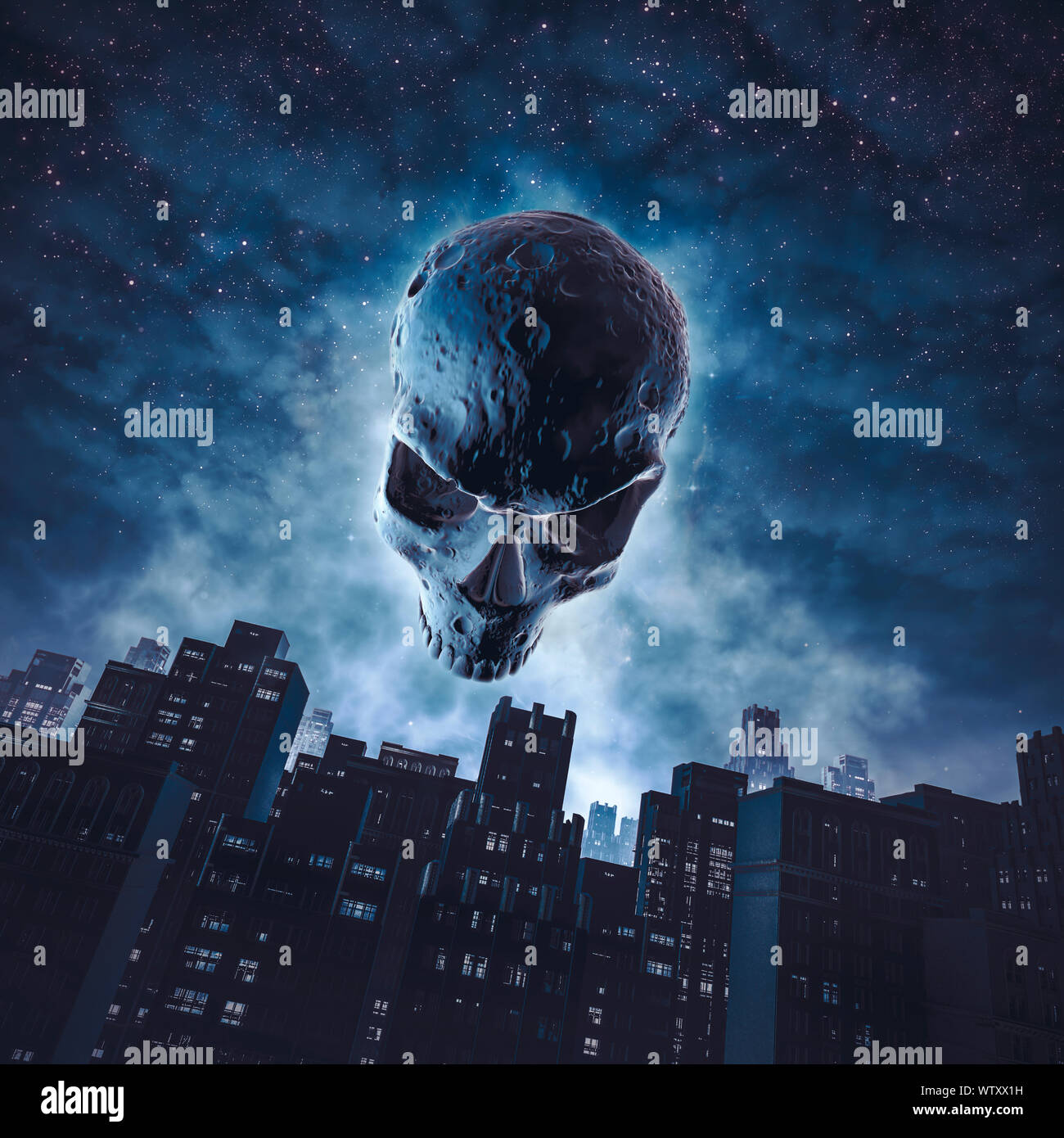 Das Gesicht Der Halloween 3d Darstellung Der Schadel Mond Uber Stadt Gebaude Gegen Sternenhimmel Steigende Stockfotografie Alamy