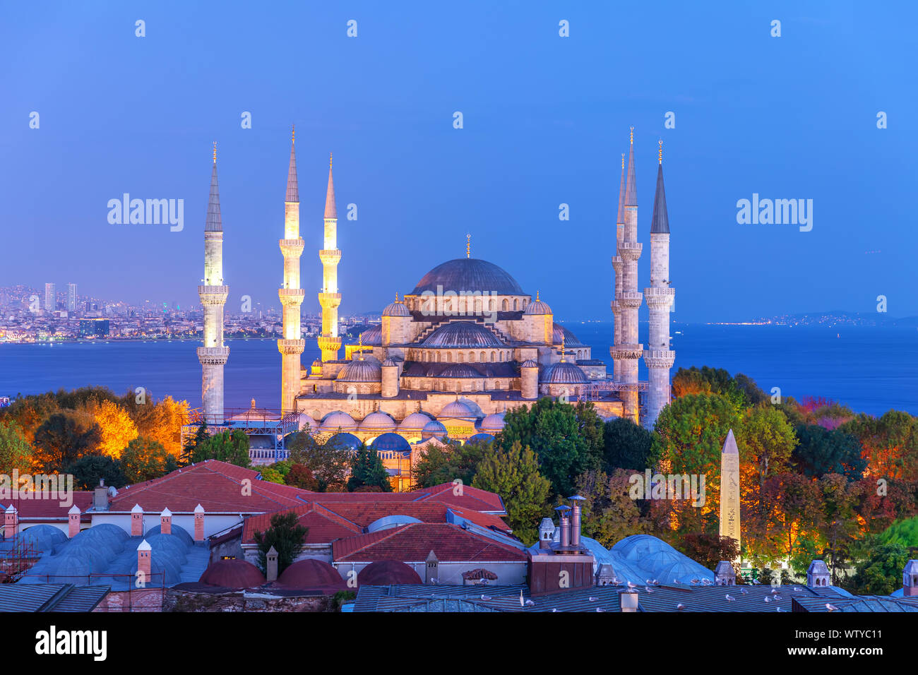 Die Blaue Moschee oder Sultan Ahmet Moschee am Abend ansehen, Istanbul, Türkei. Stockfoto