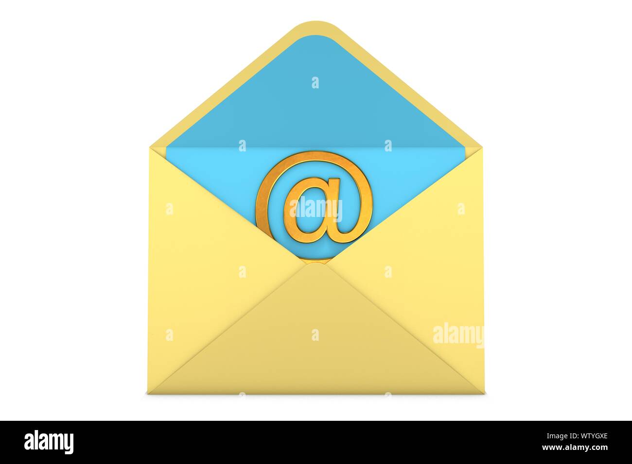 3D-Illustration: Golden e-Symbol im gelb-blauen Papier mail Umschlag auf weißem Hintergrund. Neue Nachricht in der E-mail Programme auf Ihrem PC Stockfoto