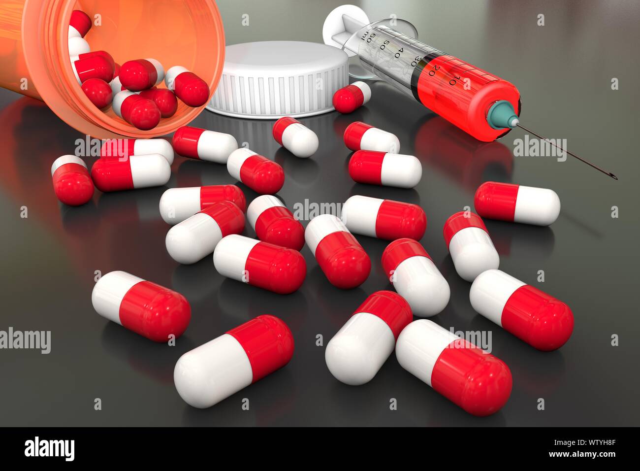 3D-Illustration: Helle farbige medizinische Pillen sind auf eine grau-schwarz-Tabelle aus einer Orange transparent Medizin Flasche zerstreut. Mit roten sol Spritze. Stockfoto