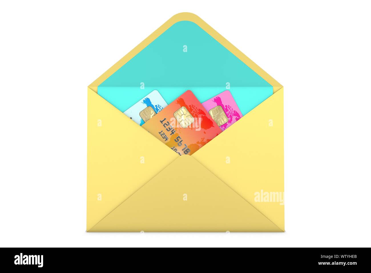 3D-Illustration: drei Farbe Kreditkarten mit einem elektronischen Chip ohne die Marke und die Namen der Banken mit Weltkarte. In einem offenen Umschlag. Stockfoto
