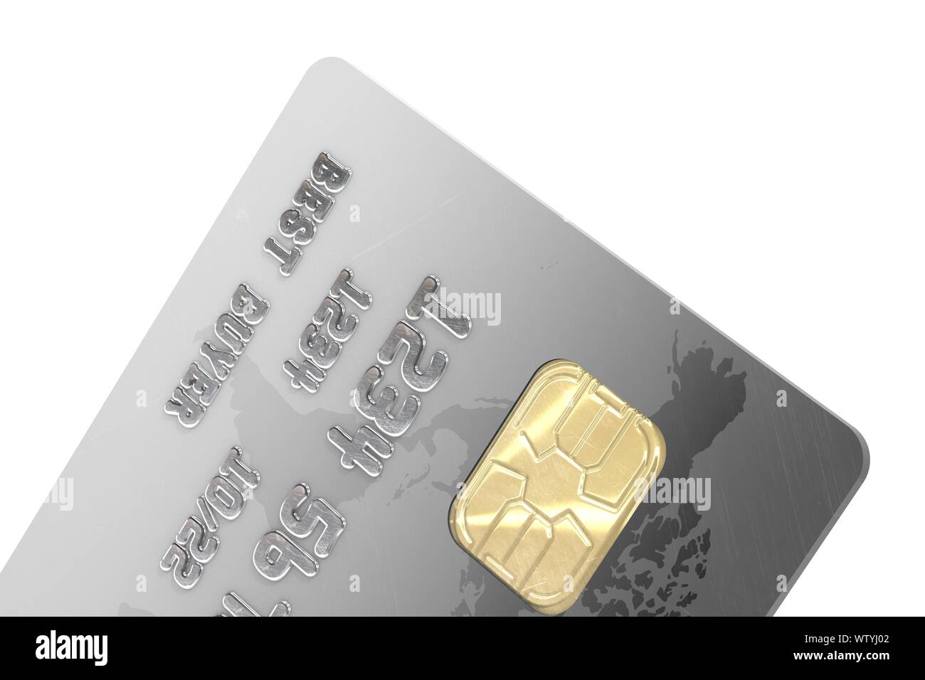 3D-Illustration: Teil der Kreditkarte mit einem elektronischen Chip ohne Angabe der Marke und die Namen der Banken mit Weltkarte grau-schwarze Farbe. Stockfoto
