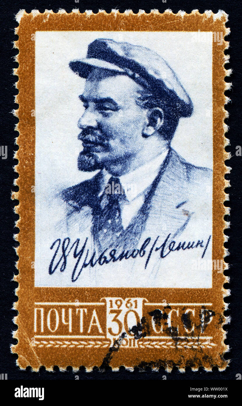 USRR 1961 - Porträt von Vladimir Lenin auf einem Vintage abgebrochen Briefmarke Stockfoto