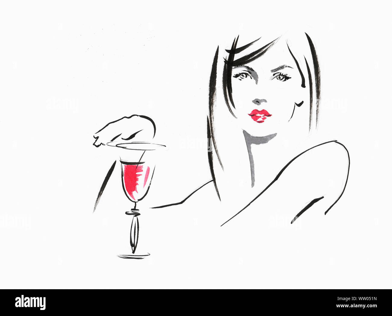 Skizze der schönen Frau mit einem Glas Wein Stockfoto