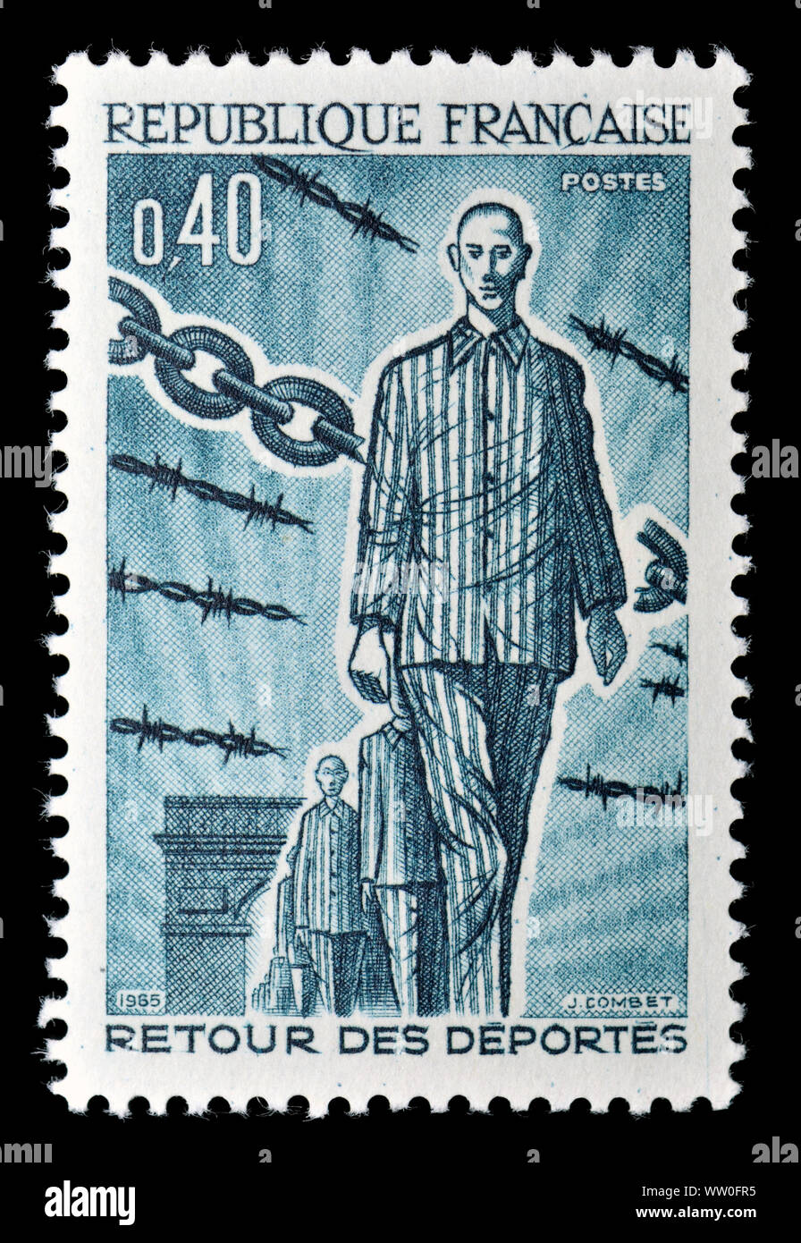 Französische Briefmarke (1965): Die Rückkehr der Deportierten - 20 Jahre seit der Befreiung der Konzentrationslager WW2 Stockfoto