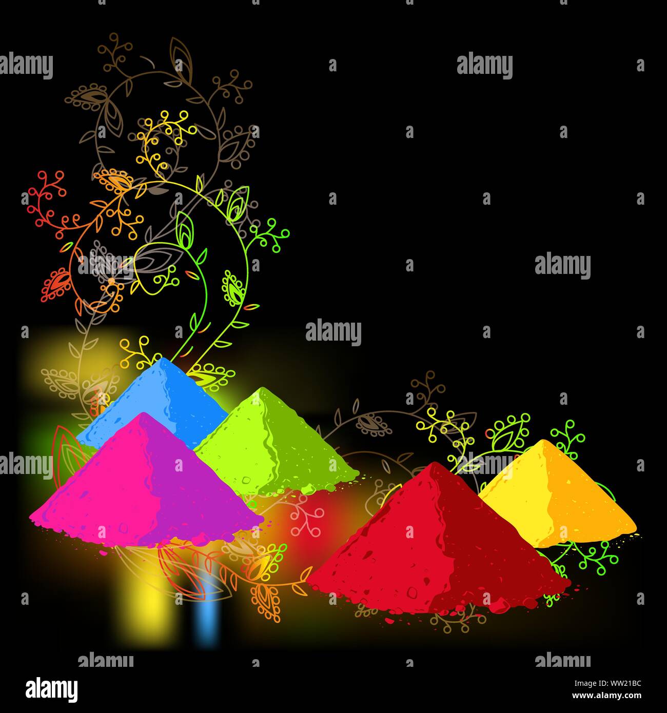 Vektor Poster, Banner oder Flyer Design für Holi Fest Party Feier, indische Festivals. Bunte Farben in Pulverform und abstraktes Ornament Hintergrund. Stock Vektor