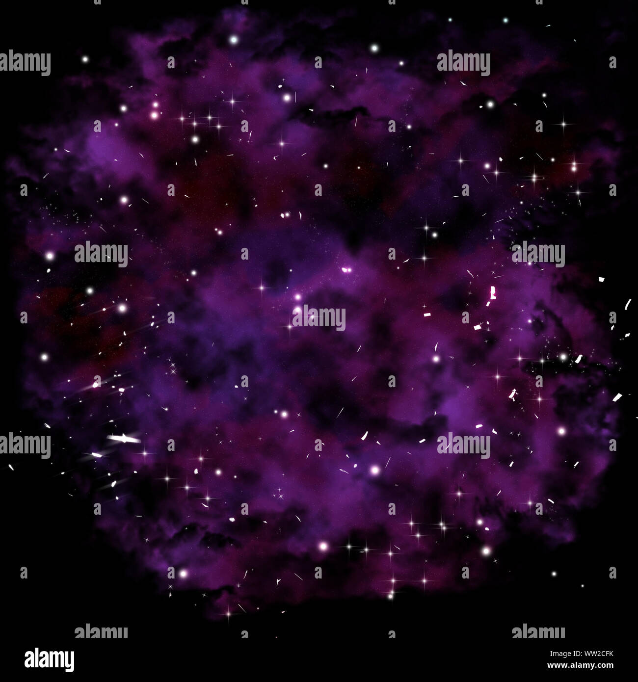 Nachthimmel mit hellen Sternen und lila Nebel. Stockfoto