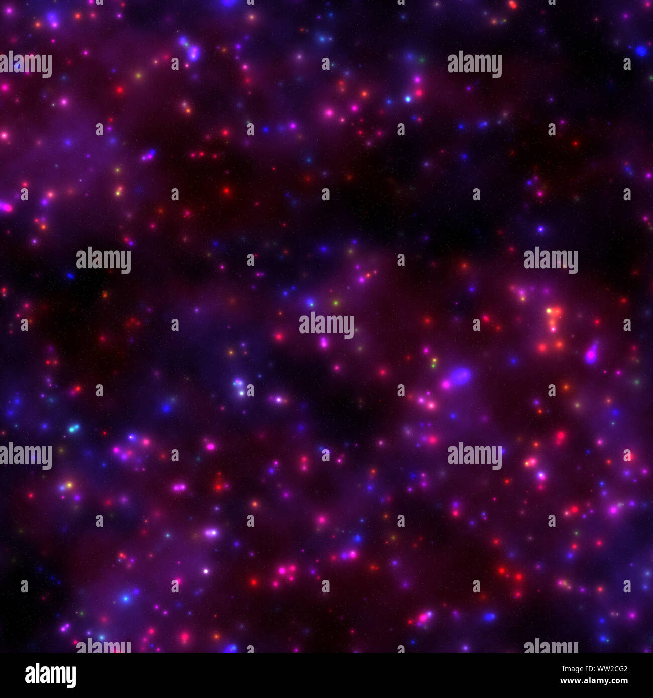 Nachthimmel mit hellen Sternen und lila Nebel. Stockfoto