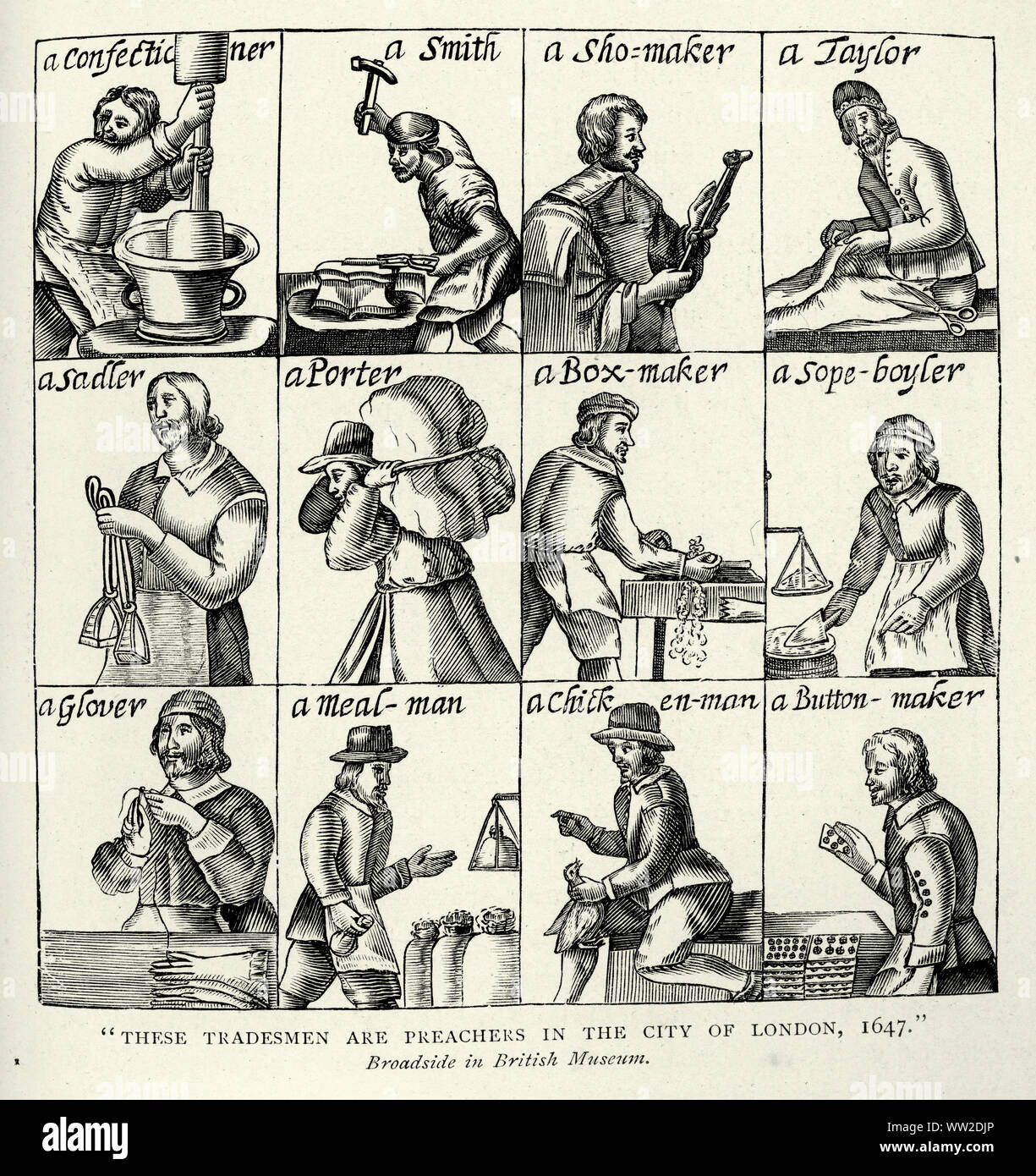 Vintage Gravur, Handwerker und Prediger in der City von London, 1647. Konditor, Smith, Showmaker, Schneider, Sadler, Porter, Boxmaker, Seife Kessel, Glover, Essen Mann, Huhn Mann, Schaltfläche Maler Stockfoto