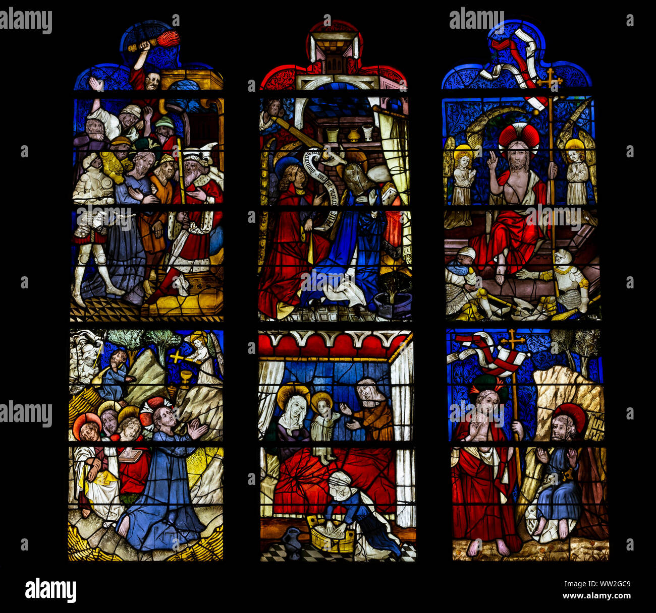 Das Leben Jesu Christi und der Jungfrau Maria, ca. 1440-1446, Deutsche Glasmalerei, 15. Jahrhundert, Boppard-am-Rhein, Deutschland, Stockfoto