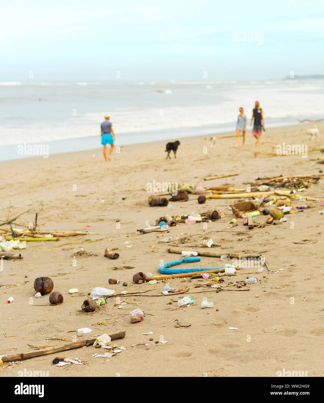 Die Leute gehen mit den Hunden durch verschmutzte mit Kunststoff- und Abfall Strand. Die Insel Bali, Indonesien Stockfoto
