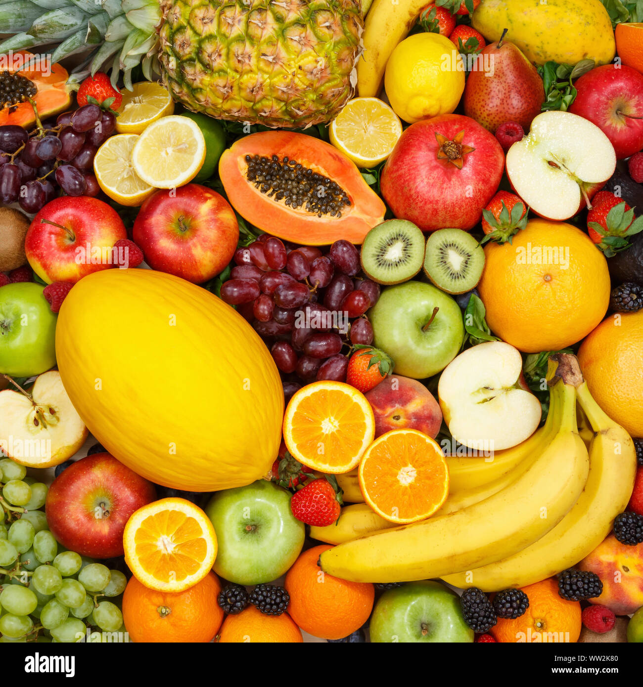Früchte Kollektion essen Hintergrund square Äpfel Orangen Zitronen frisches Obst Hintergründe Stockfoto
