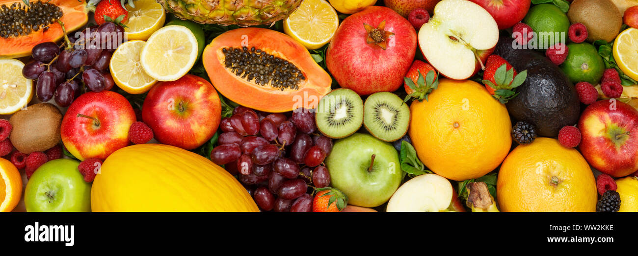 Früchte Kollektion essen Hintergrund banner Äpfel Orangen Zitronen frisches Obst Hintergründe Stockfoto