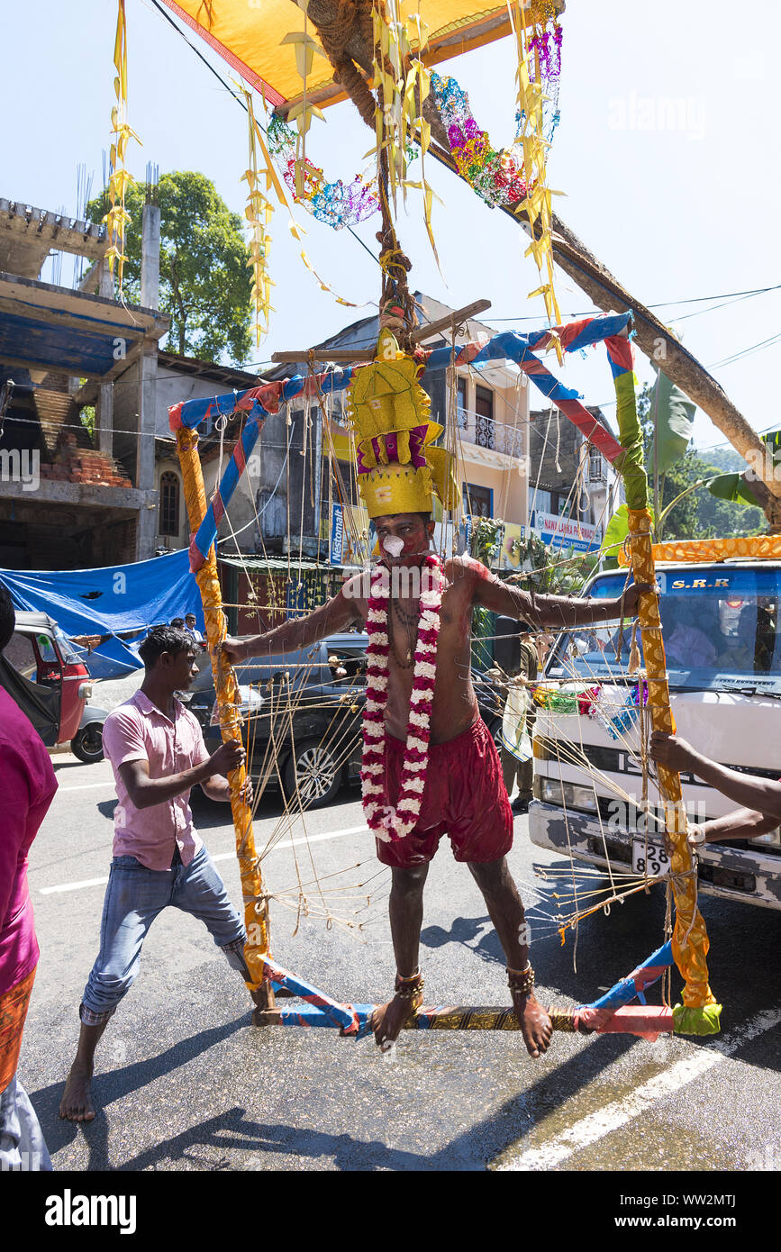 Pussellawa, Sri Lanka, 20.03.2019: Hindu Festival der Thaipusam - Body Piercing Rituale unter dem Blut Mond. Mann hängen durch die Haut. Stockfoto