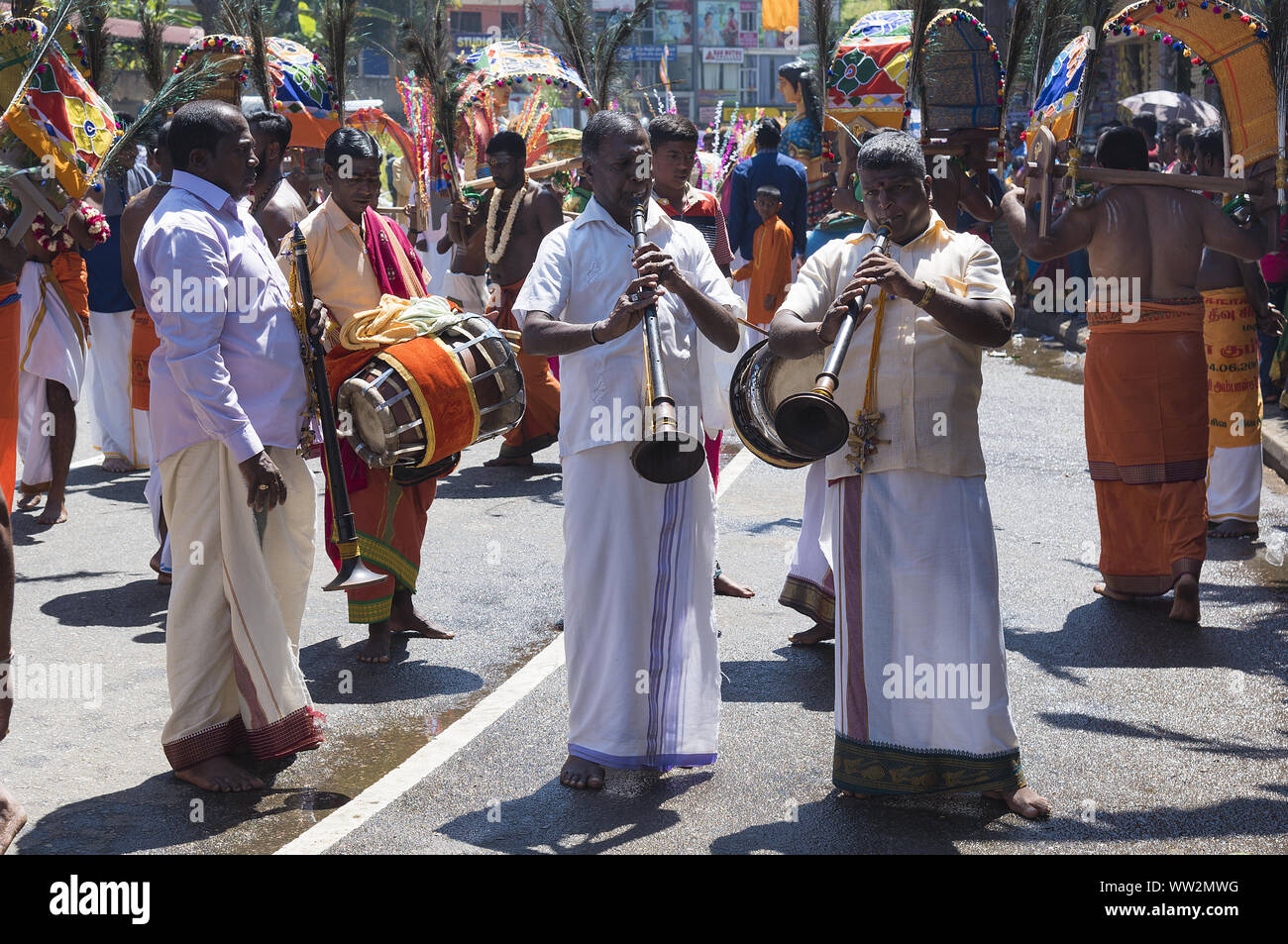 Pussellawa, Sri Lanka, 20.03.2019: Hindu Festival der Thaipusam - Body Piercing Rituale unter dem Blut Mond. Musiker in der Parade. Stockfoto