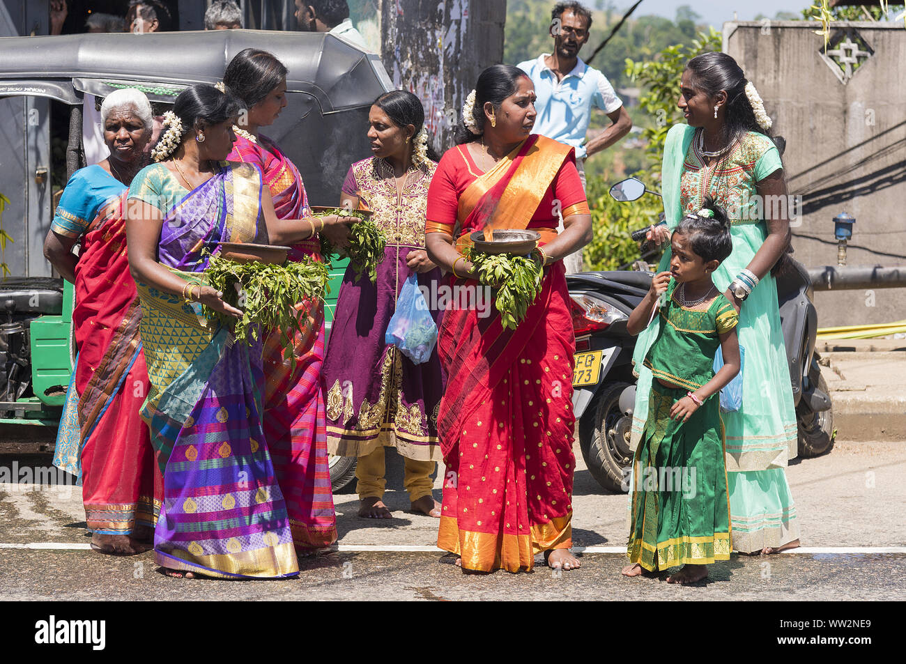 Pusellawa, Sri Lanka, 12. März 2019:: Hindu Festival der Thaipusam - Body Piercing Rituale unter dem Blut Mond. Devotees Opfergaben von Essen. Stockfoto
