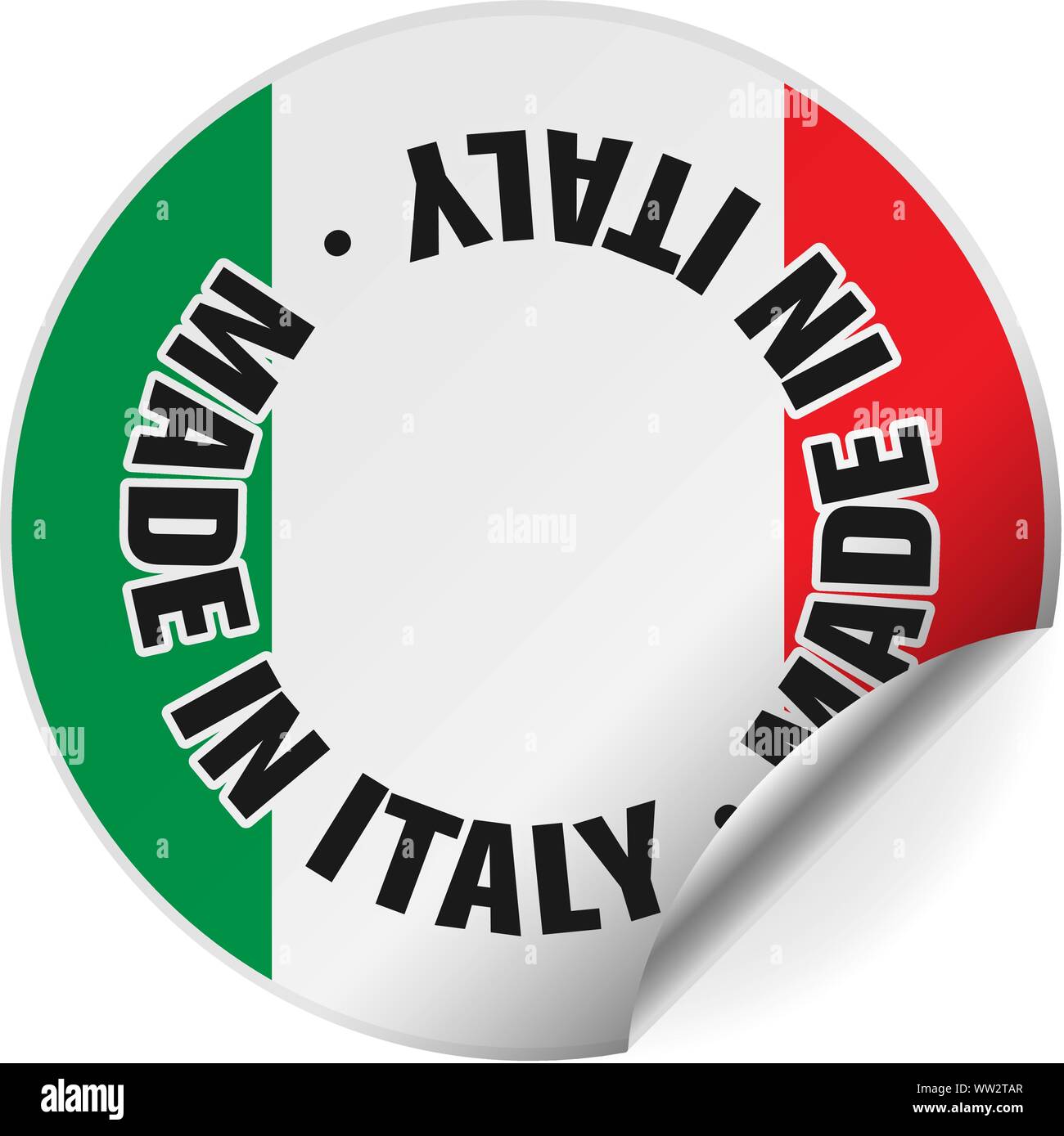 Hergestellt in Italien runde Aufkleber oder Abzeichen mit italienischer Flagge, eine Seite zusammengerollt Vector Illustration Stock Vektor