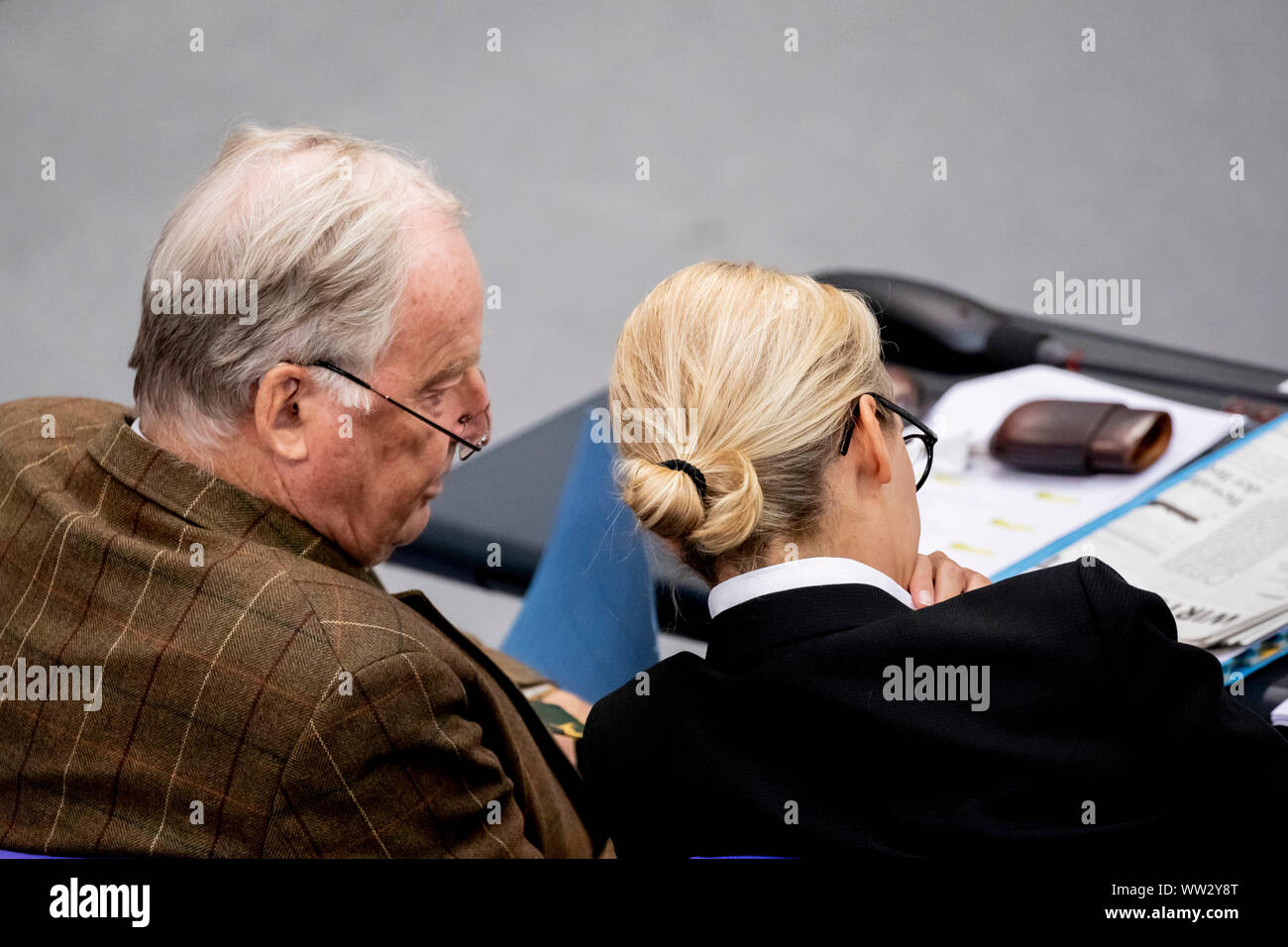 Berlin, Deutschland. 12 Sep, 2019. Alice Weidel und Alexander Gauland, die beiden Vorsitzenden der Bundestagsfraktion, AfD Sitzen im Deutschen Bundestag den Haushalt des Bundesministeriums für Familie, Senioren, Frauen und Jugend. Credit: Christoph Soeder/dpa/Alamy leben Nachrichten Stockfoto