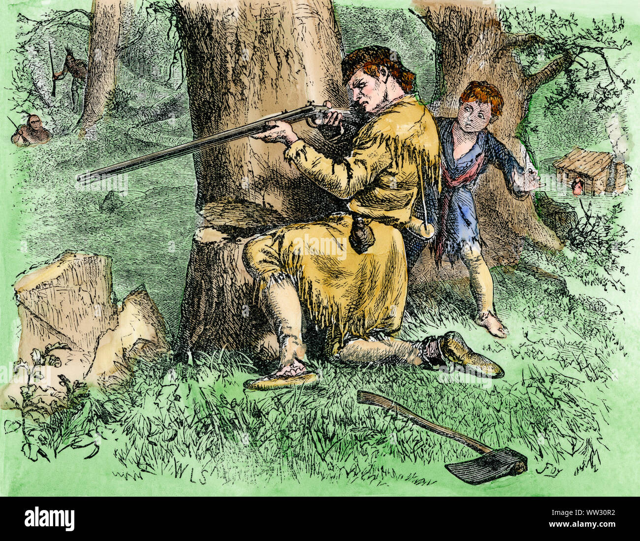 Pionier der Schutz seiner Familie aus nativen Angriff in den südlichen Appalachen. Hand - farbige Holzschnitt Stockfoto