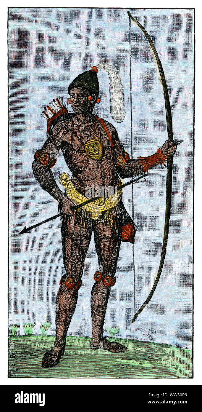 Indianische Krieger im Südosten der USA, 1500. Hand - farbige Holzschnitt aus einem Le Moyne Zeichnung Stockfoto