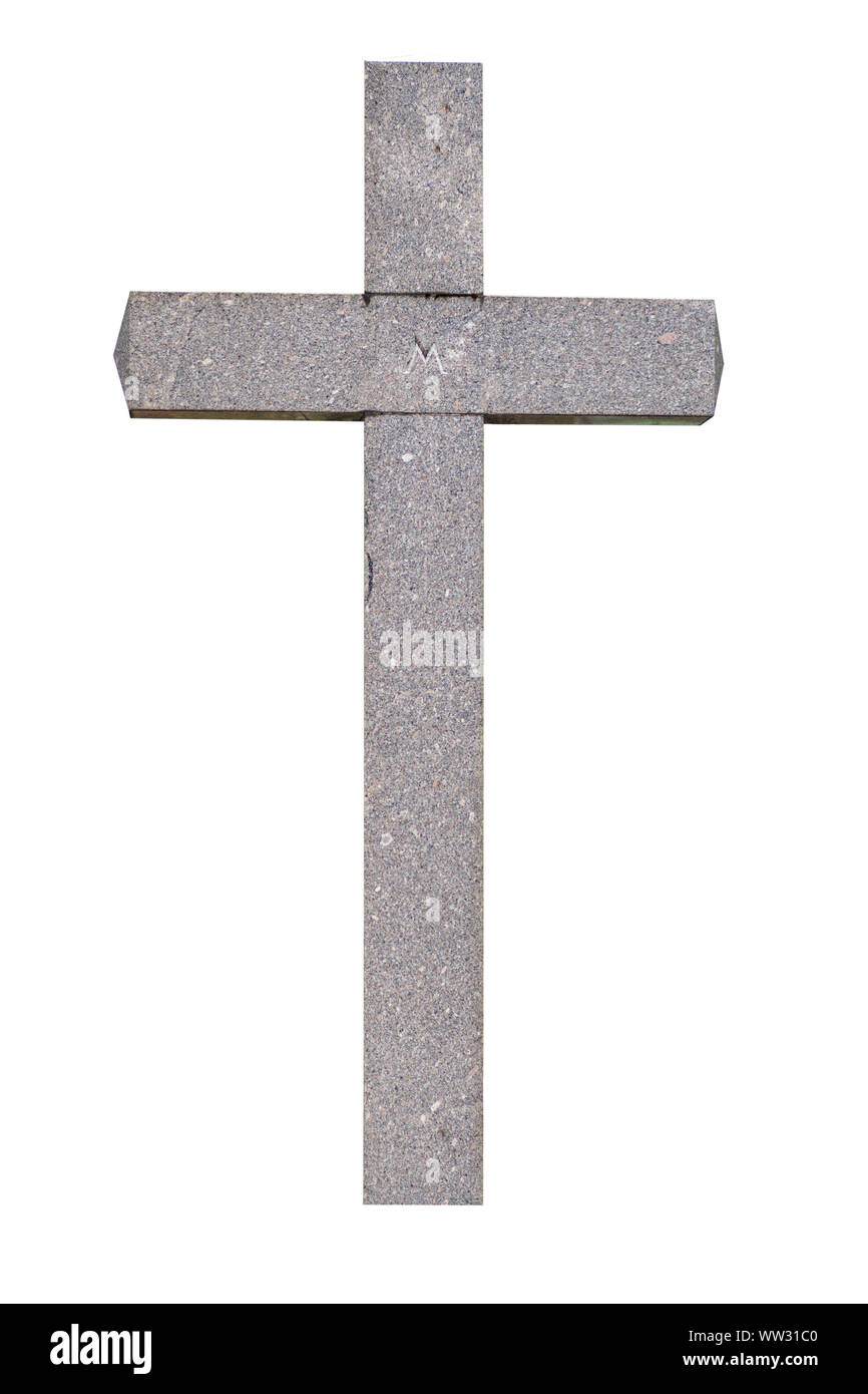 Stein Kreuz als Symbol des Christentums. auf einem weißen Hintergrund. Stockfoto
