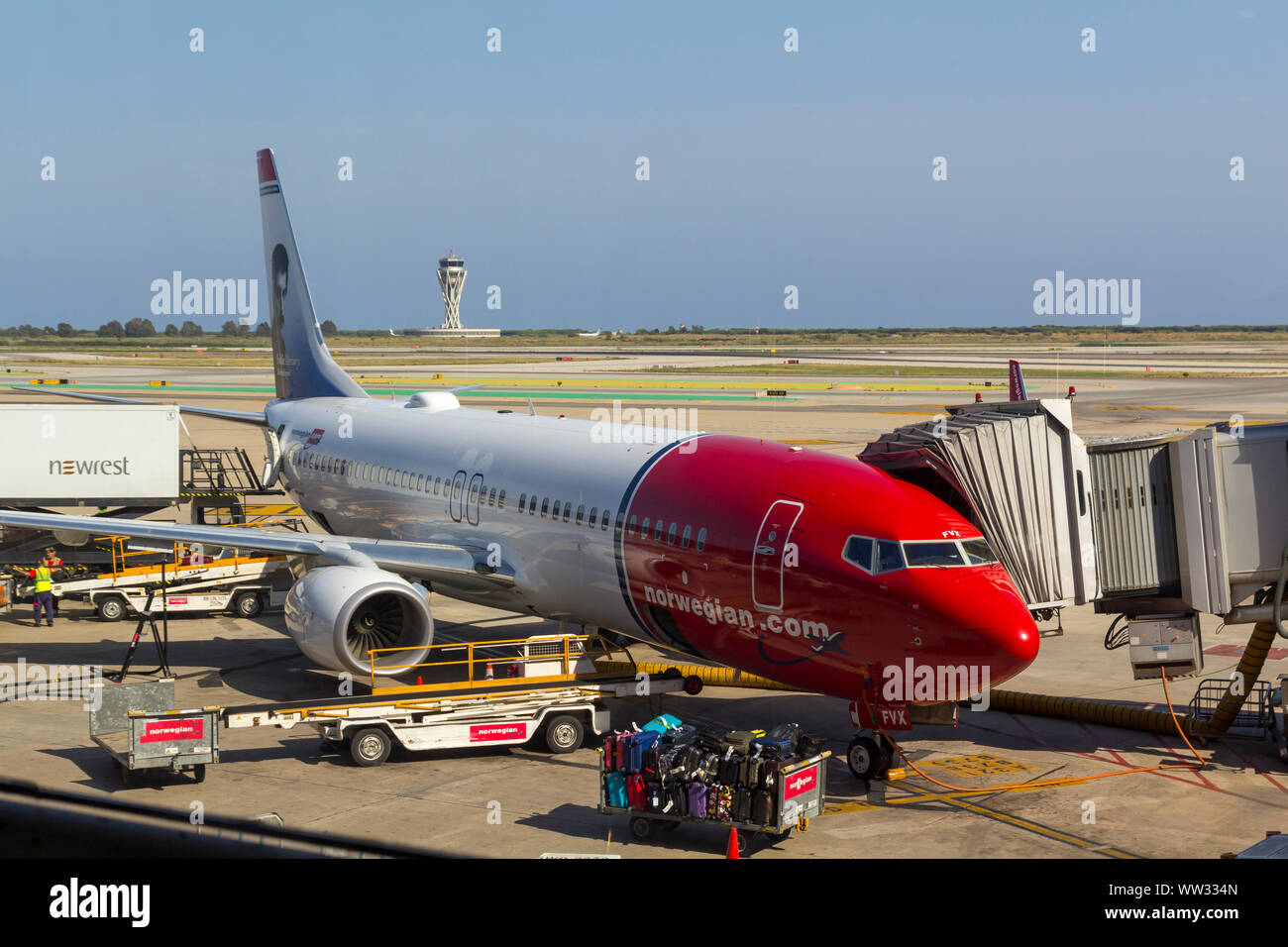 Boeing 737-800 Flugzeuge in den Flughafen von Barcelona, von der norwegischen Firma niedrigen Kosten Stockfoto