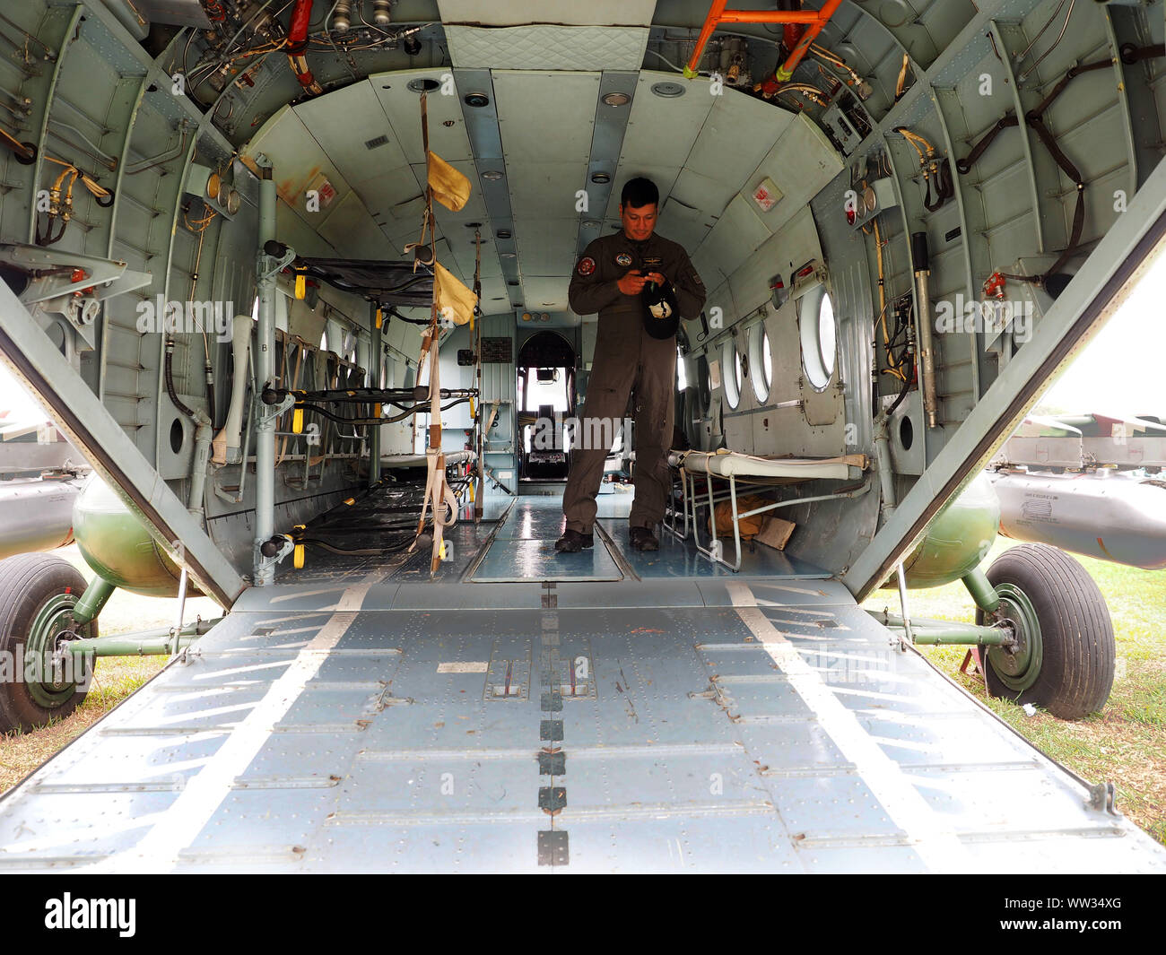 Der Mil Mi-171 Sh-P Bewaffnete Hubschrauber der peruanischen Armee an der 7. Ausgabe der Internationalen Wehrtechnik Ausstellung, SITDEF, 2019 angezeigt, in der Zentrale der peruanischen Armee. Die Veranstaltung wird vom 16. bis 19. mit der Anwesenheit von Vertretern aus 28 Ländern. Stockfoto