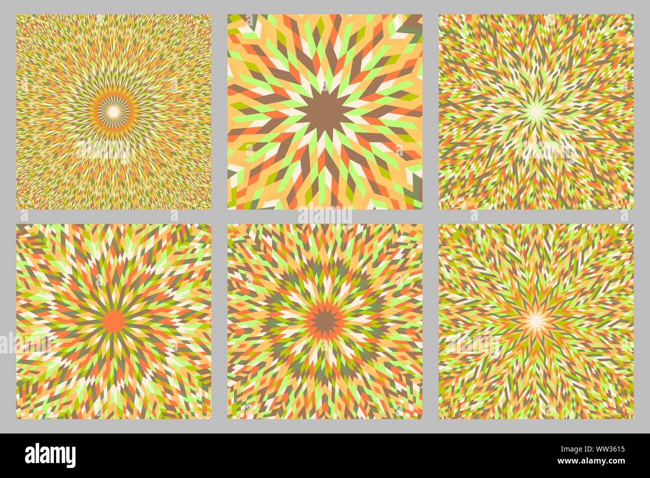 Dynamische burst Mosaik Muster Hintergrund design Set - Abstrakte psychedelisch hypnotischen Rundschreiben Vektorgrafik mit geometrischen Formen Stock Vektor
