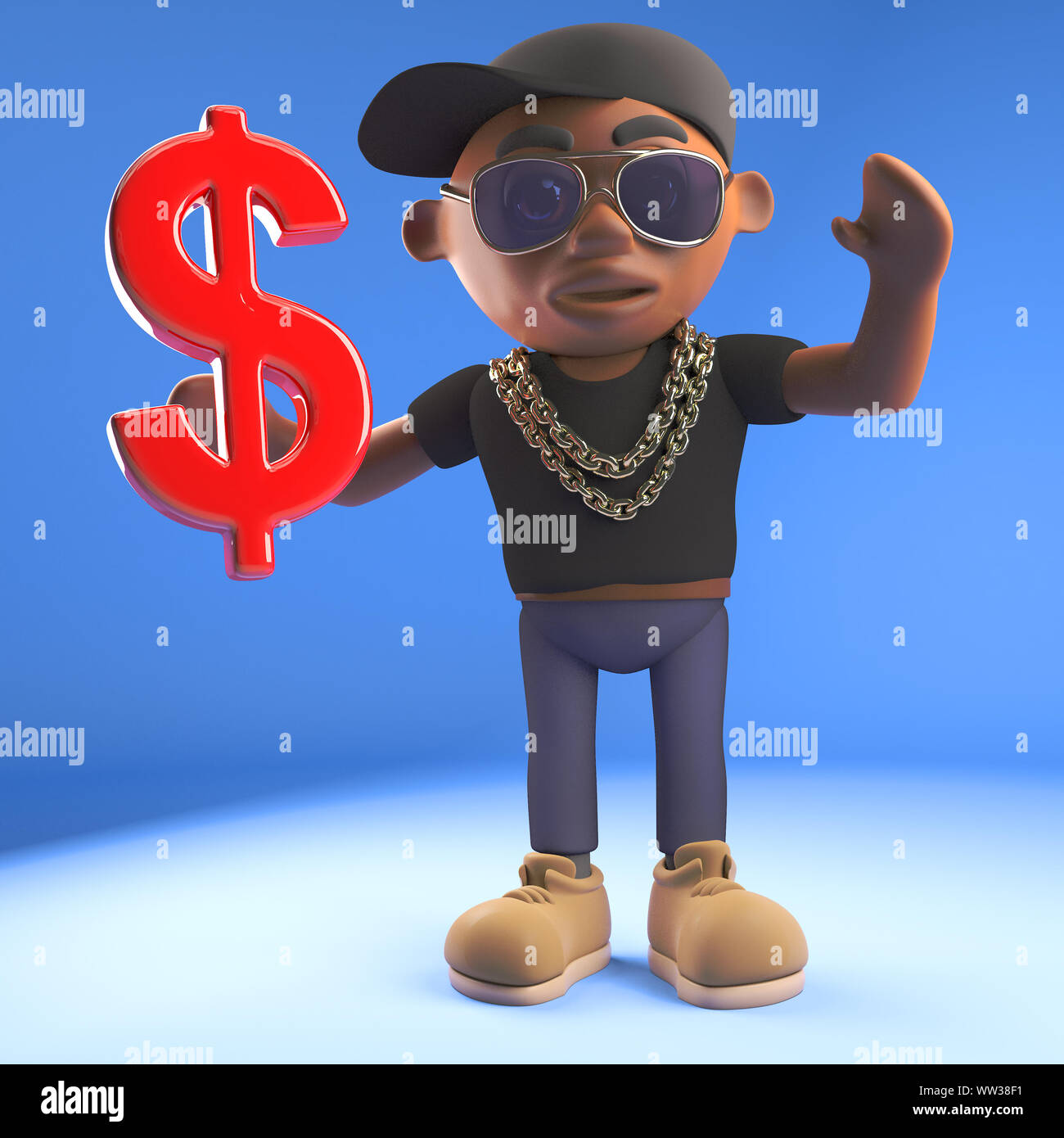 Reichen schwarzen hiphop Rapper hält ein US Dollar Währung Symbol, 3d-Grafik rendern Stockfoto