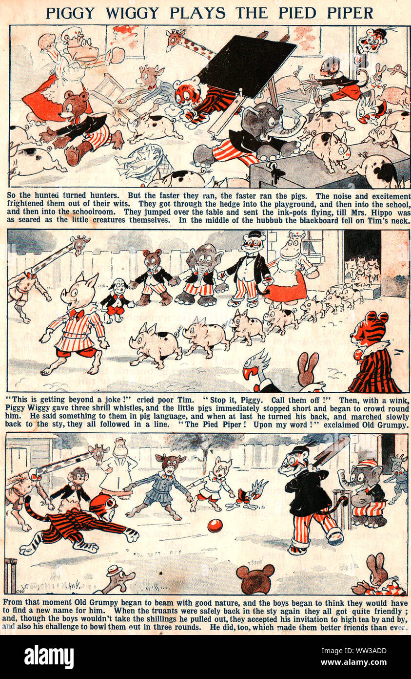 Ein Comic von British 1920 Kinder Streifen - Piggy Wiggy spielt Rattenfänger Stockfoto