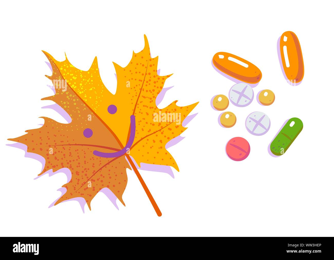Pillen mit goldenen lächeln Blatt. Saisonale Depressionen und Antidepressiva. Allergie cartoon Design. Medizinisches Konzept, kalte Jahreszeit. Flache Vector Illustration auf weißem Hintergrund isoliert. Stock Vektor