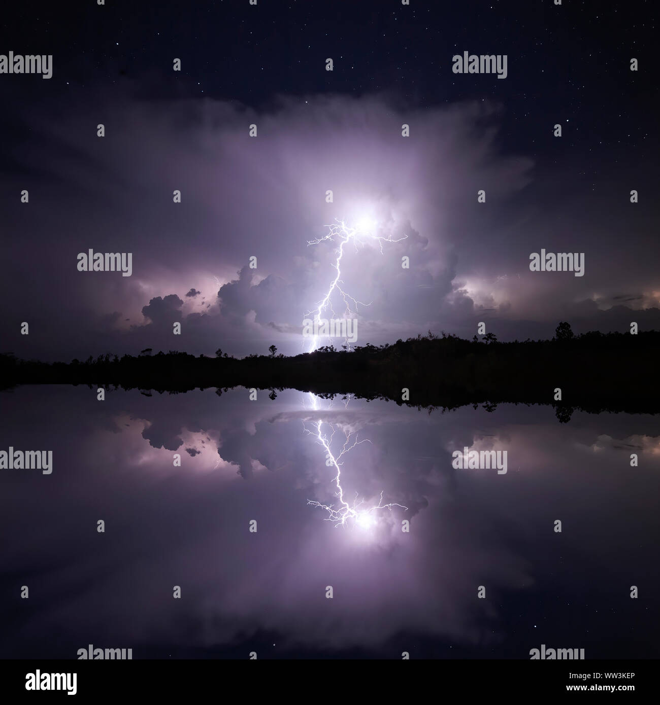 Ein Blitz leuchtet der Himmel und wird in einem See an der Everglades National Park in Florida nieder. Stockfoto
