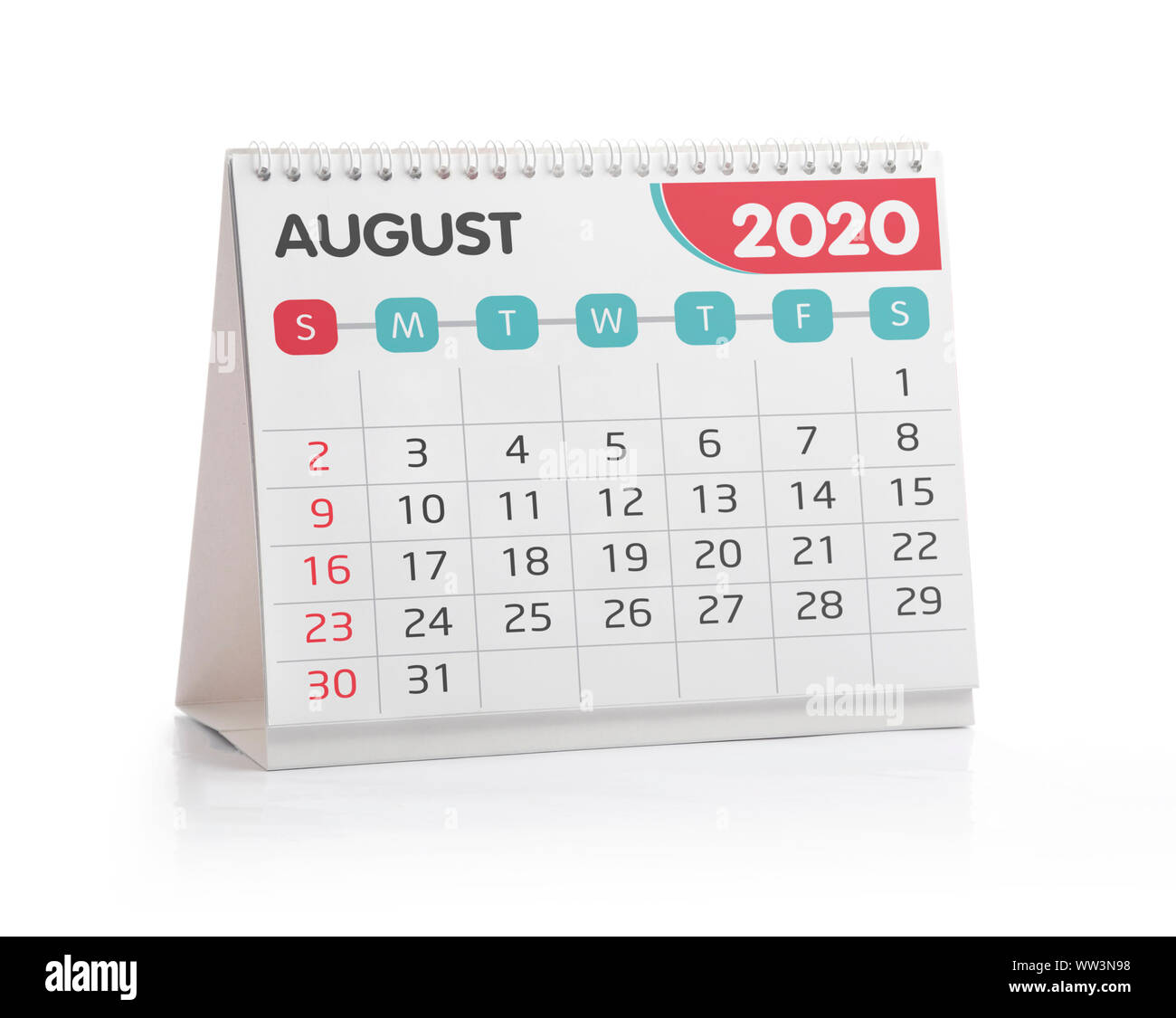 August 2020 Desktop Kalender isoliert auf weißem Stockfoto