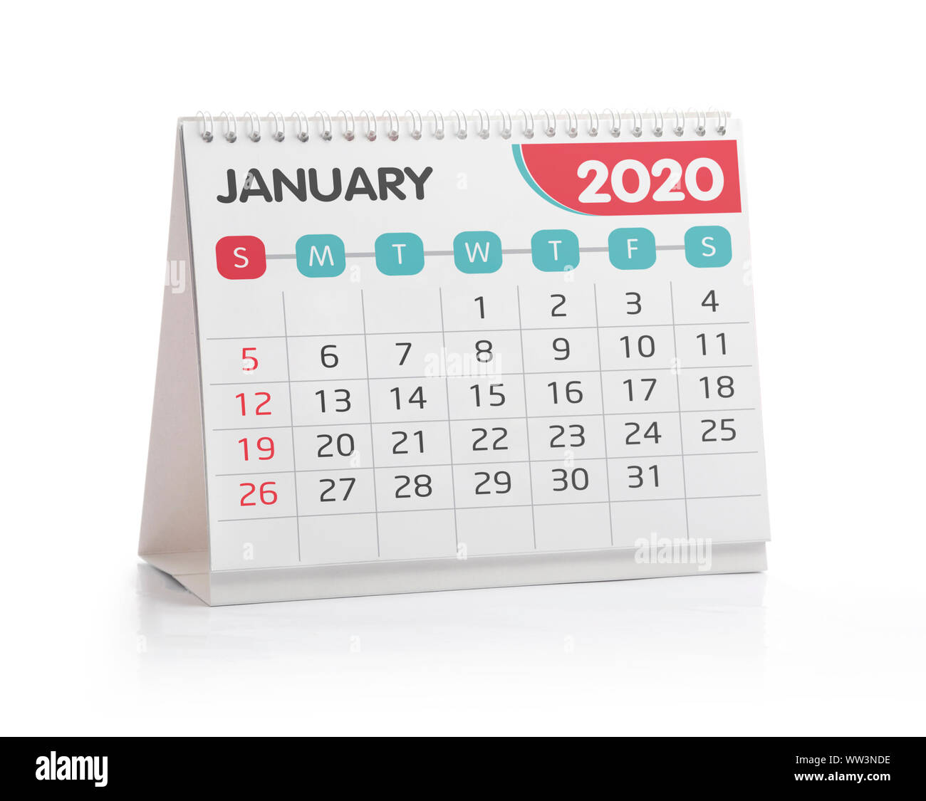 Januar 2020 Desktop Kalender isoliert auf weißem Stockfoto