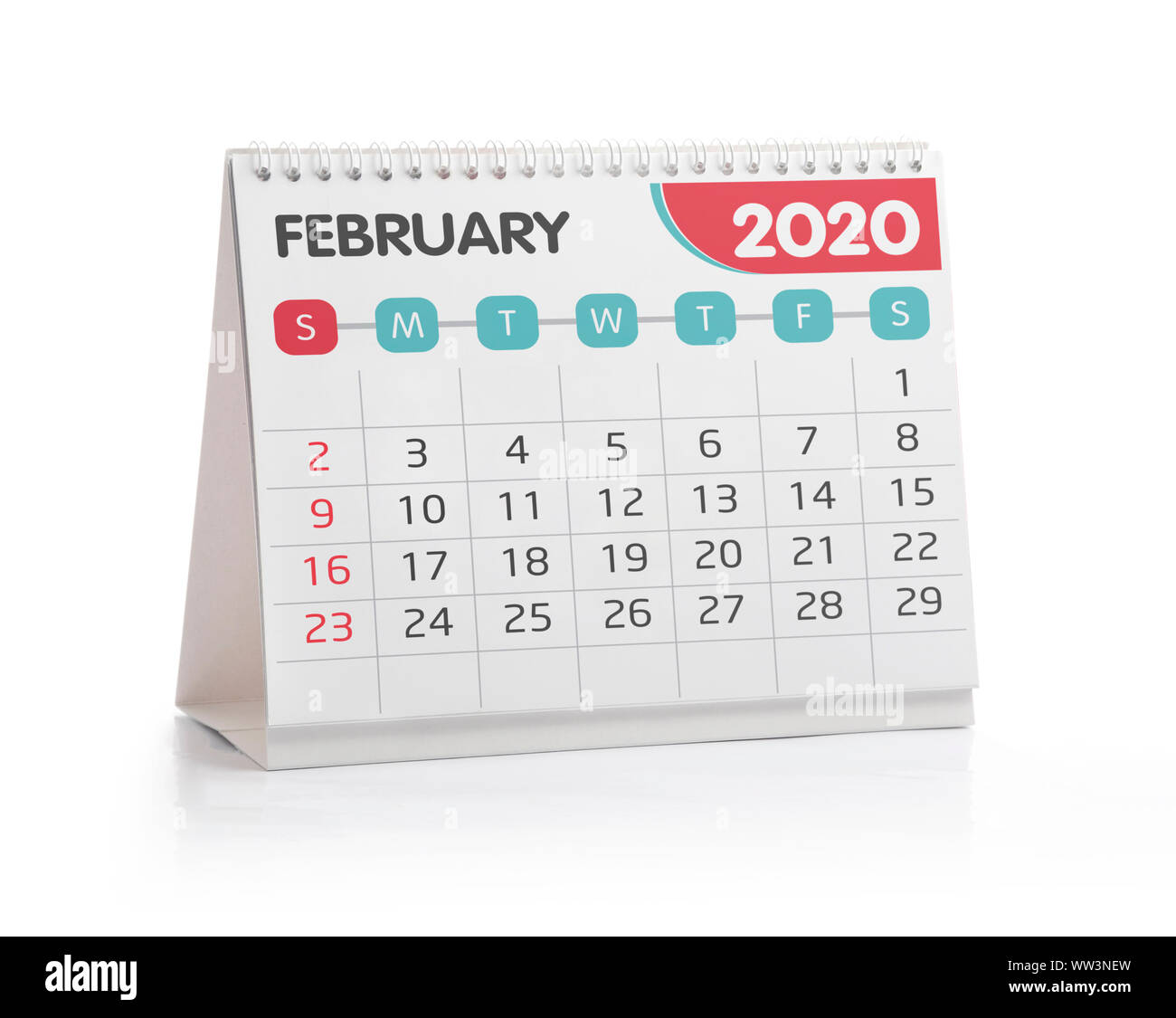 Februar 2020 Desktop Kalender isoliert auf weißem Stockfoto